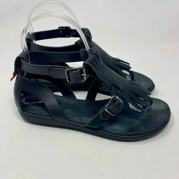 Hunter Original‎ Fringe T-Bar Leather Sandals Black - Image 6