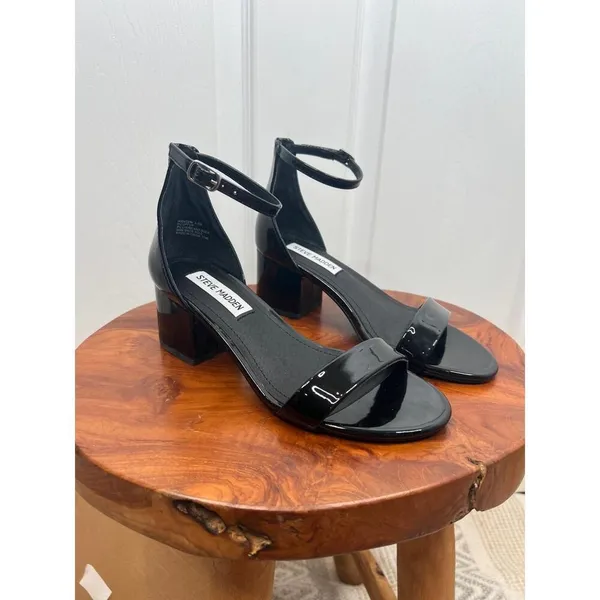 STEVE MADDEN Irene Sandals Size 5.5M Black Patent Leather Block Heel Classic - Image 7
