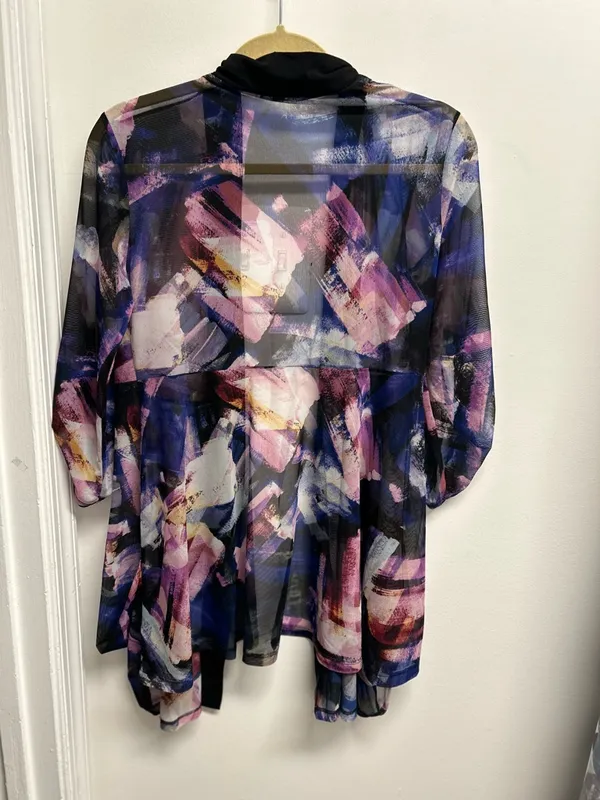 Lightweight Open-Front Multi-Color Art Print Cardigan - Black Trim - Image 2
