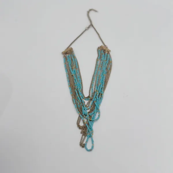 Turquoise Blue Seed Bead Layered Multi Strand Necklace Gold Tone Boho Statement - Image 3
