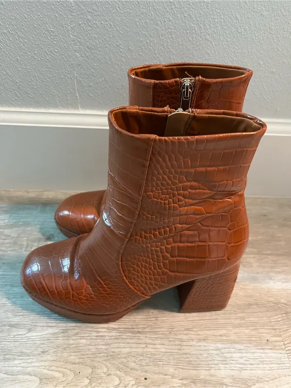 ASOS Croc-Embossed Block Heel Ankle Boots - Brown - Image 9