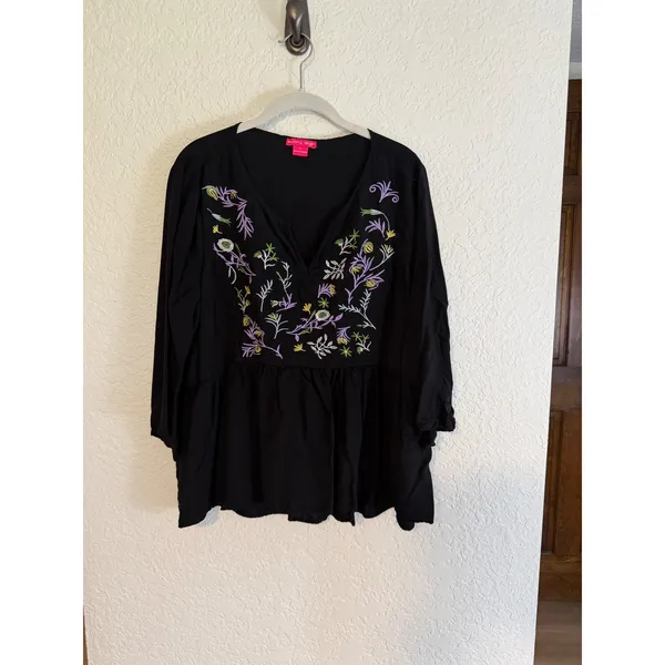 Sunny Leigh Peplum Blouse Black XL Women Embroidered V-Neck Boho Peasant Top - Image 6