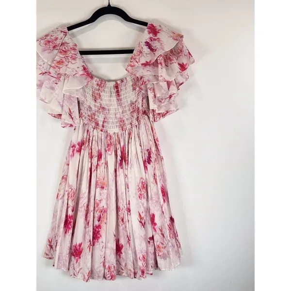 MISA Dress Pink Dina Mini Off Shoulder Smocked Abstract Rose Flowy Coquette XS - Image 9