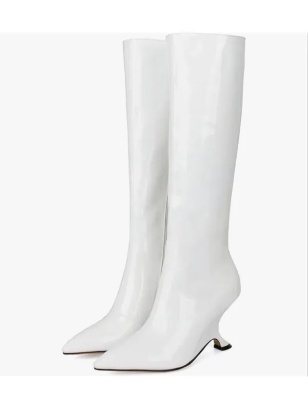 NEW White Patent Metallic Boots Knee High Sculptural Wedge Heel Boots 8.5 - Image 4