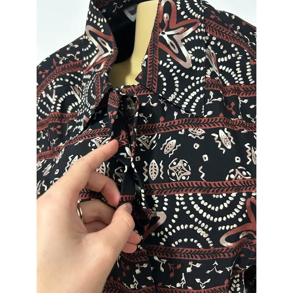 Vintage Maggy London Black Burgundy Geometric Floral Rayon Midi Dress Size 10 - Image 9