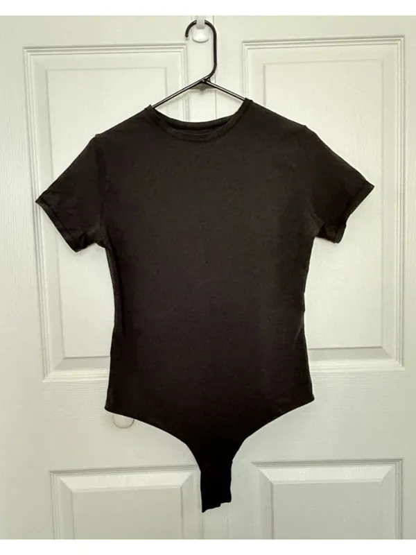 Quince Organic Cotton Stretch Crew Neck Short Sleeve Bodysuit Black Size L - Image 6