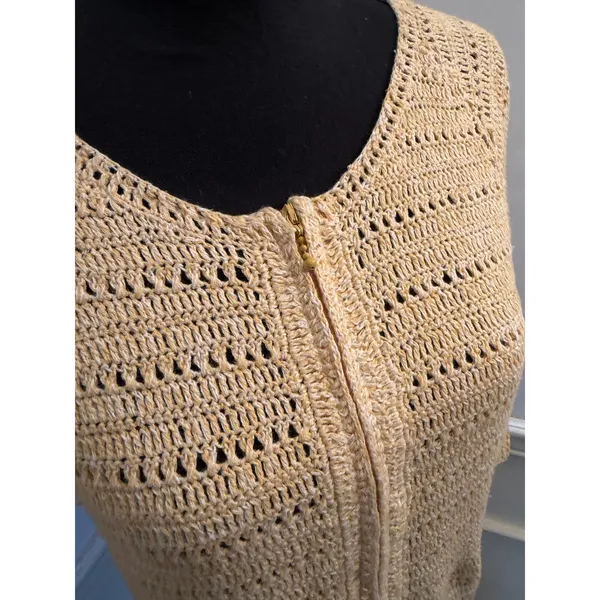 Vintage David Brooks Open Knit Crocheted Zip-Front Yellow Cardigan Sweater Boho - Image 3
