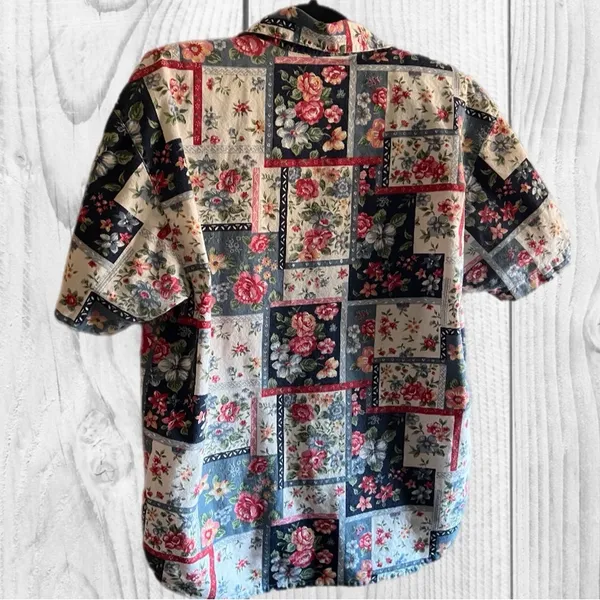 Vintage Floral Print Button Down 90s Short Sleeve Cotton Top Patchwork garden‎ - Image 5
