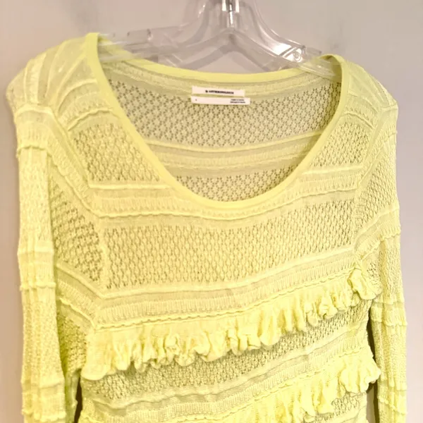 Anthropologie Ruffle Open Knit Sweater Womens Large Lime Green Feminine Coquette - Image 5