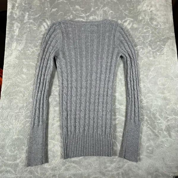 Y2K American Eagle V Neck Fitted Cable Knit Sweater Women Medium Gray Preppy - Image 5