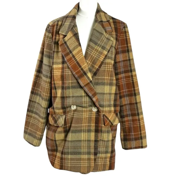 Free People Wool Mari Tartan Plaid Blazer Winter Wheat Large Dark Academia - Image 8