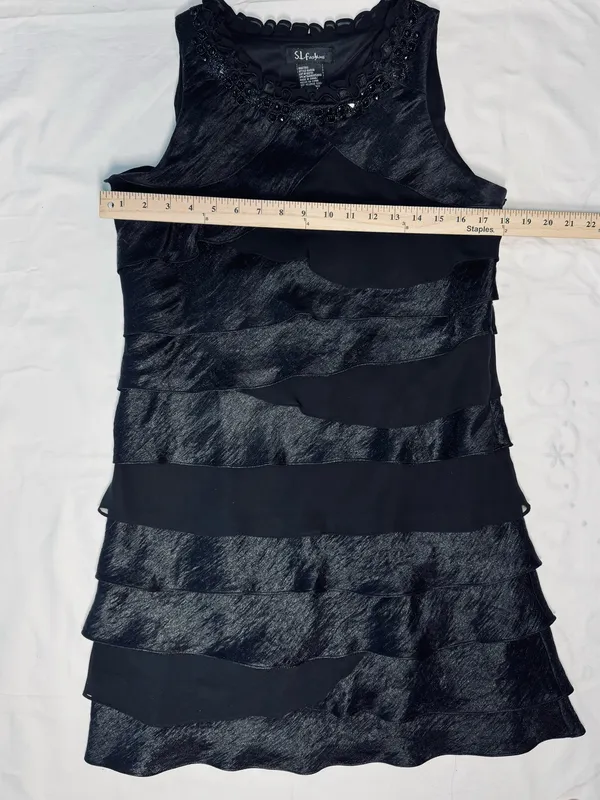 S.L. Fashions Size 14 Black Embellished Tiered Ruffle Cocktail Mini Dress - Image 4