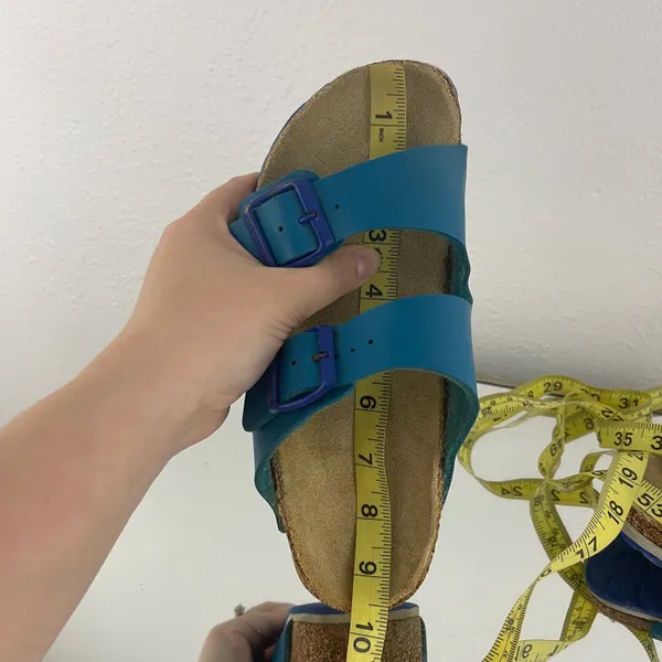 Birkenstock Two Tone Blue Leather Arizona Dual Strap Summer Slip On Sandals - Image 12