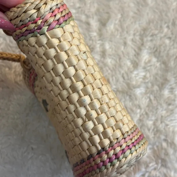 Vintage Straw Cottagecore Handle Purse Basket Bag Pink Gingham Floral - Image 7