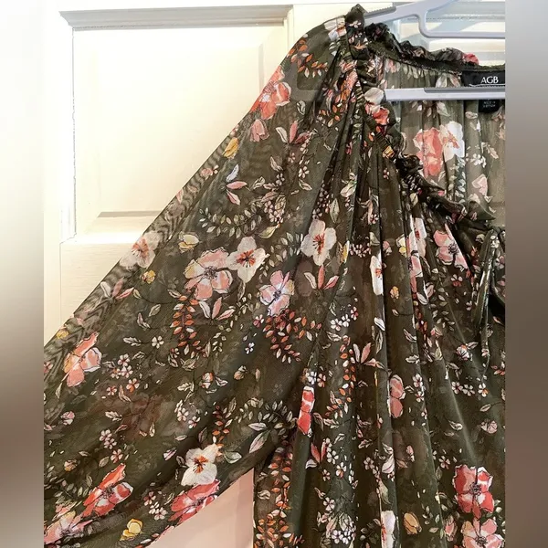 AGB Woman Floral Long Sleeve Semi Sheer Blouse Olive Green‎ & Orange Size XXL - Image 4