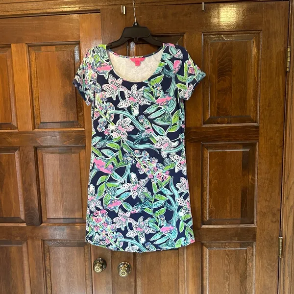 Lilly Pulitzer Tammy Dress Small S Bright Navy Sway This Way Floral Fish UPF 50+ - Image 5