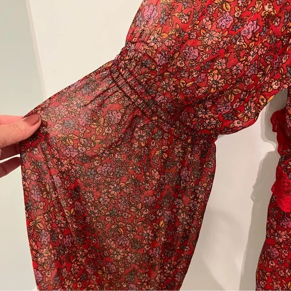 Free People Dress Pennie Babydoll Mini Red Floral Chiffon Boho Open Back… - Image 8