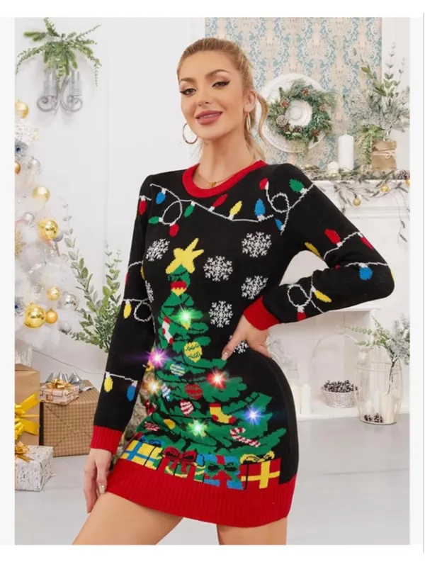 NEW Ugly Christmas Tree Sweater Dress Light Up LED M - Image 6