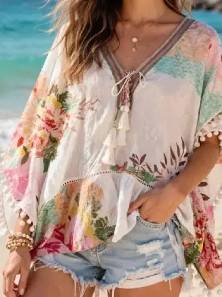 NWT Z&L EUROPE Boho Floral Pom Pom Kimono Swim Coverup/Top OS Floral Cottagecore - Image 2