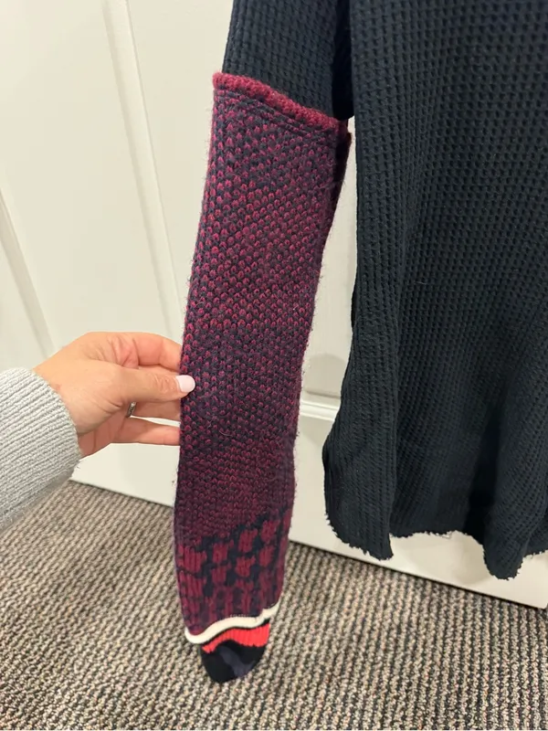 We The Free Black Waffle Pullover with Burgundy Colorblock Sleeves - Image 3