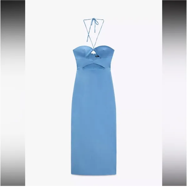 Zara Bright Blue Strapless Cutout Midi Dress - Image 3