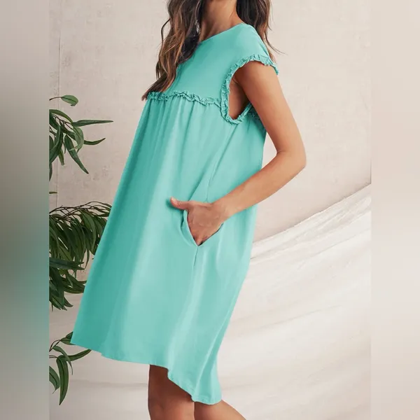 Ruffle Neck Short Sleeve Dress with Pockets Green Size M - Image 2