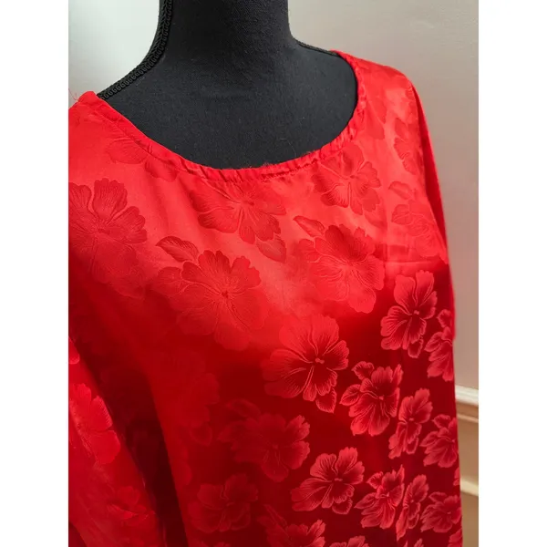 Vintage 80s Red Floral Satin Jacquard Oversized Muumuu Dress Loungewear Caftan - Image 2