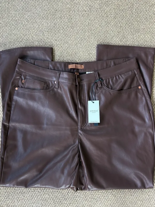 NWT Judy Blue Faux Leather Tummy Control High Rise Straight Pants Brown Size 20W - Image 2