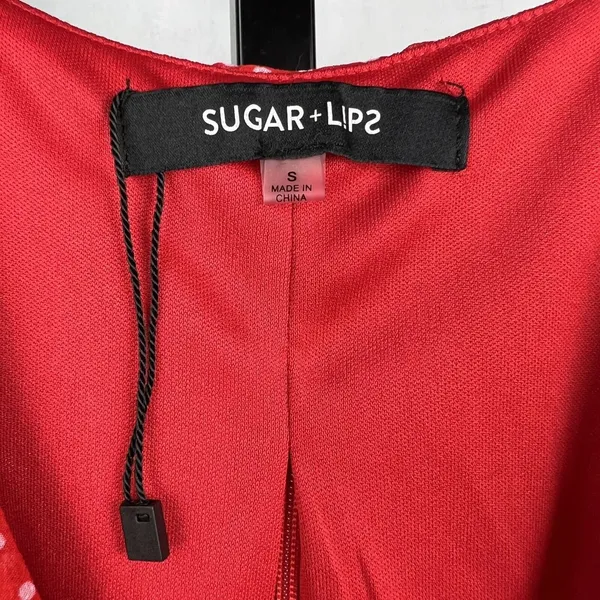 Sugar+Lips Top Womens Small Red Polka Dot Ruffle Crop Zip Up Tie Waist Blouse - Image 7