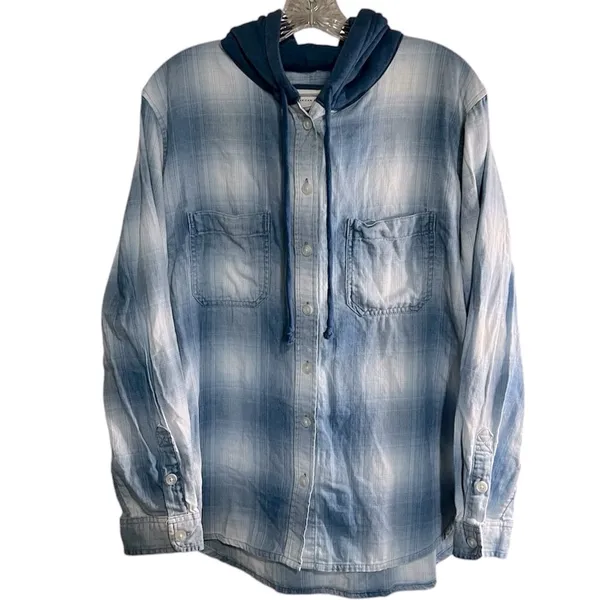 American Eagle Blue Hooded Cabin Flannel Button Down Shacket - Image 3