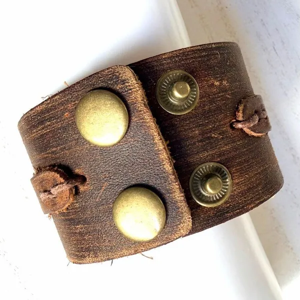 Distressed Brown Leather Cuff Bracelet Rustic Wide Snap - Image 4