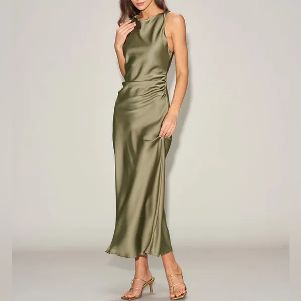 Rihoas Green Satin Boat Neck Slip Midi Dress - Image 4