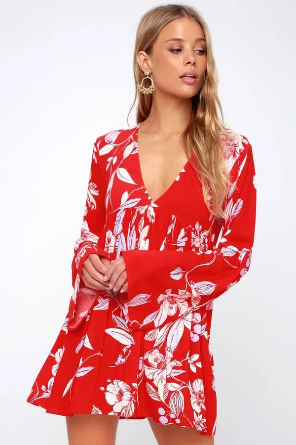 Free People Bella Red Floral Print Tunic long sleeve mini dress - Image 7