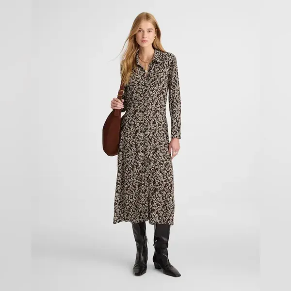 Madewell Ruched Midi Shirt Dress Size 12 Black Ivory Floral NWT - Image 2