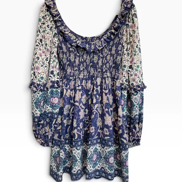 Spell Clairvoyant Mini Dress Blue Floral Paisley Smocked Boho Medium - Image 7