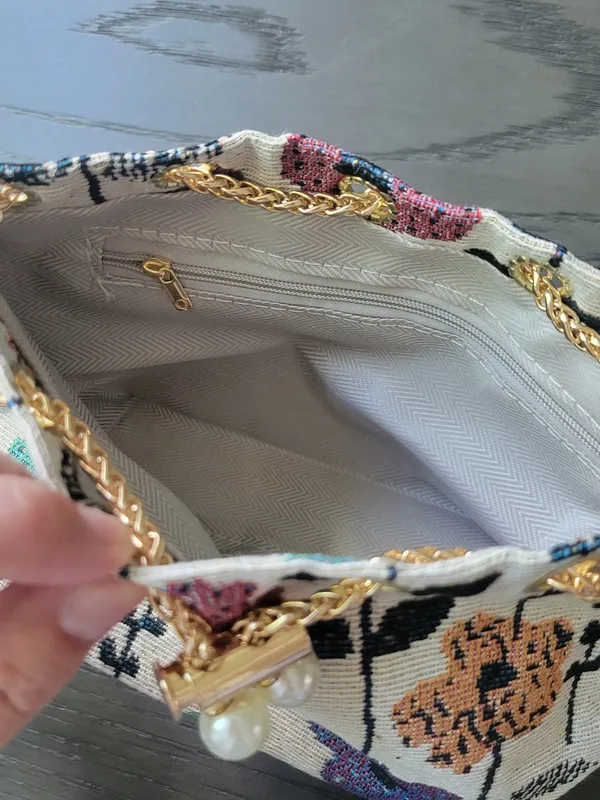 Floral embroidered mini bucket crossbody bag with a gold chain strap Purse - Image 4