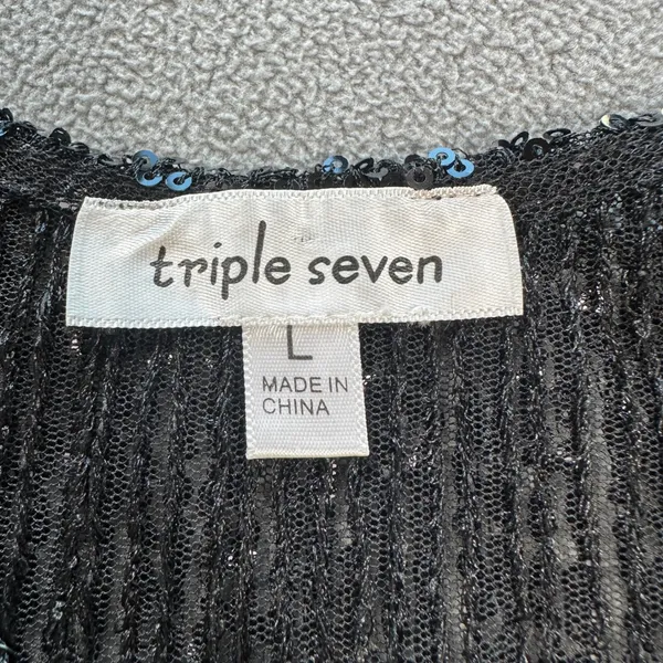 Triple Seven Sequin Cami Tank Top Black L Sparkly Adjustable Straps Tie V Neck - Image 4