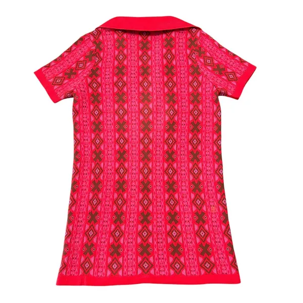 Free People Pink Red Geometric Knit Sweater Polo V-Neck Short Sleeve 70s Boho - Image 4