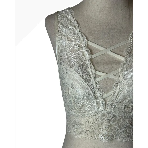 Candie's Lace Bralette Women Medium Ivory Strappy V Neck Wireless Intimates Sexy - Image 6
