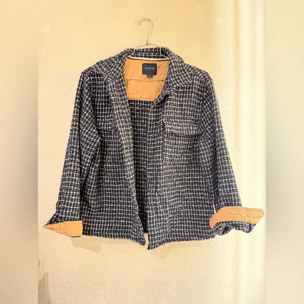Cotton On blue and white tweed shirt jacket with a tan lining. Size M oversized - Image 10