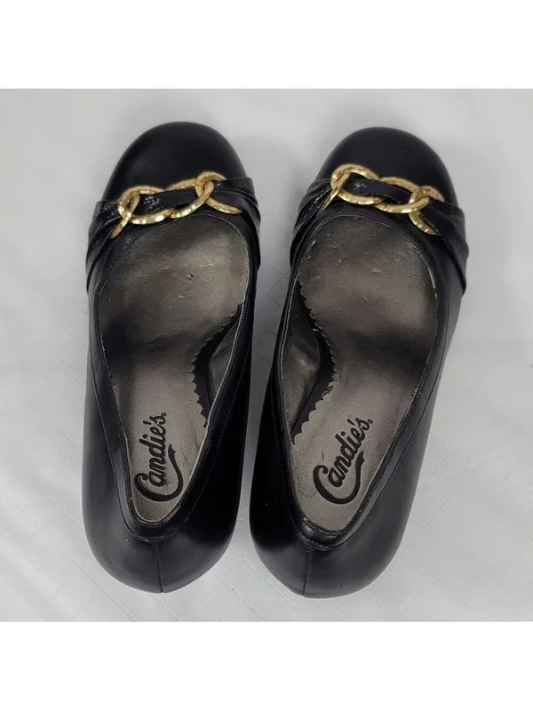 Candies Black Faux Leather Chunky Kitten Heels Pump With Gold Chain Bow Sz 8 M - Image 3