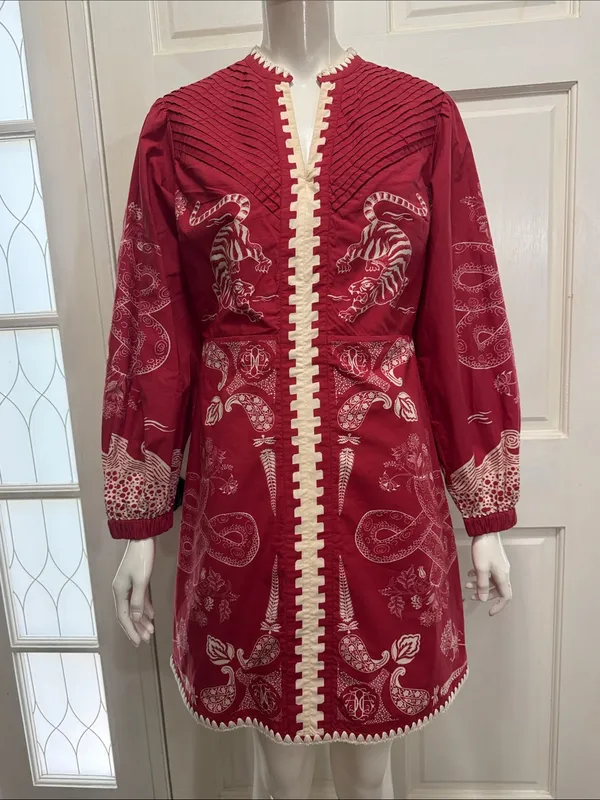 ANNA CATE Jenny Scarlet Embroidered Tiger Long Sleeve Dress 100% Cotton Size S - Image 2
