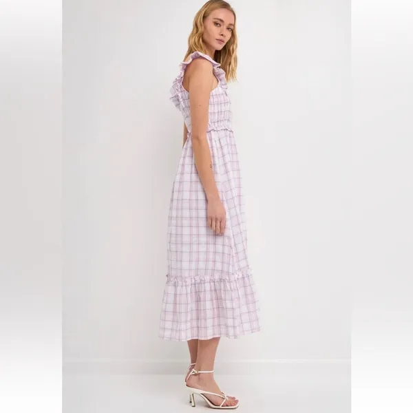 Main Strip Smocked linen type gingham plaid dress - Image 3