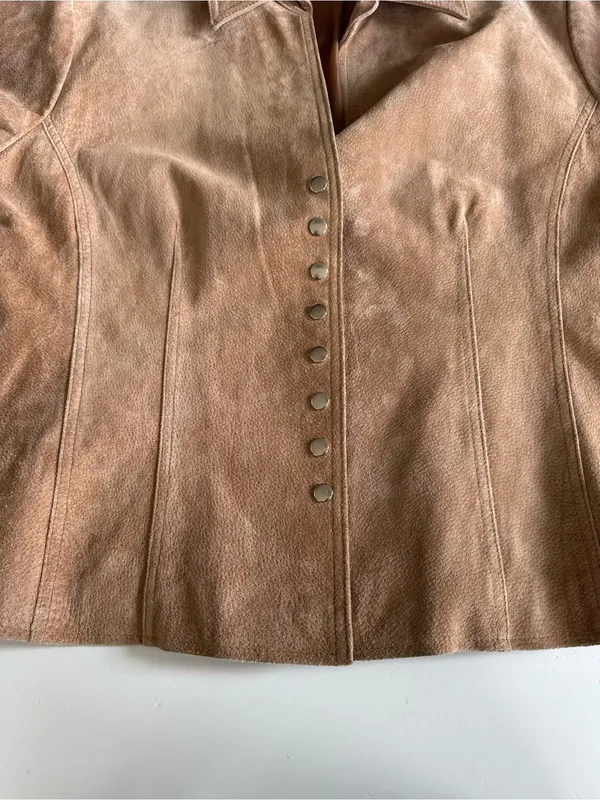 Vintage 90s Y2K Coldwater Creek Suede Fitted Button-Front Jacket in Camel Tan L - Image 7