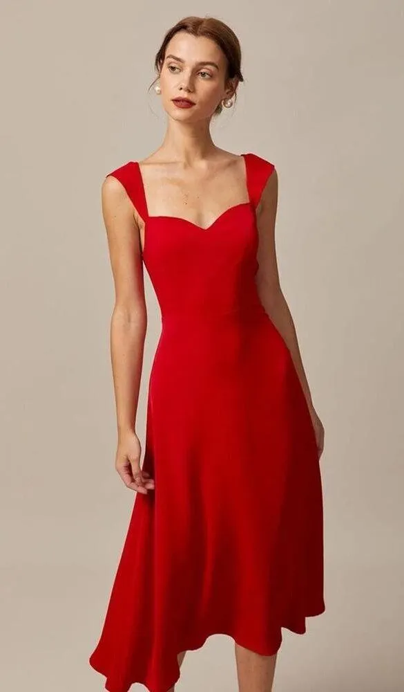 RIHOAS The Red Sweetheart Neck Cap Sleeve Midi Dress L - Image 3