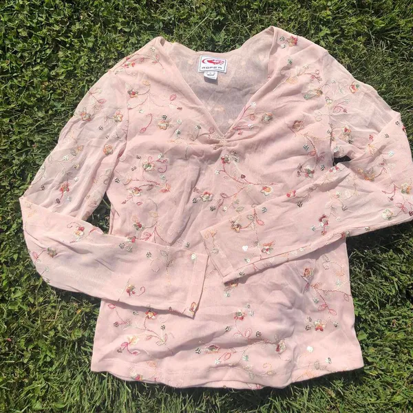 Beaded Sheer Pink Floral Long Sleeve Size XL - Image 2
