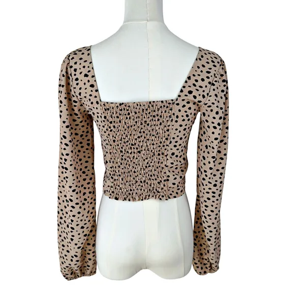 Altar'd State Brown Polka Dot Animal Print Long Sleeve Cropped Blouse Top XS - Image 3