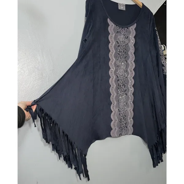 Vocal Tunic Top Size XL Gray Faux Suede Fringed Silver Studded Whimsigoth Punk - Image 3
