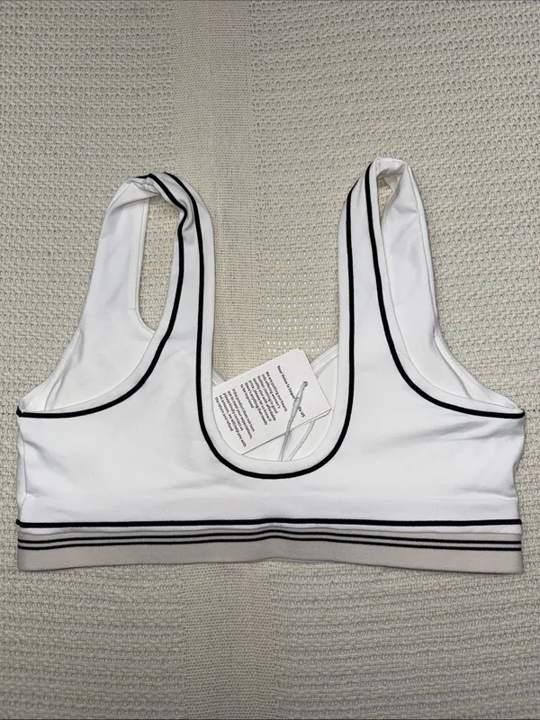 White Sports Bra with Taupe Band and Black Piping - Image 2