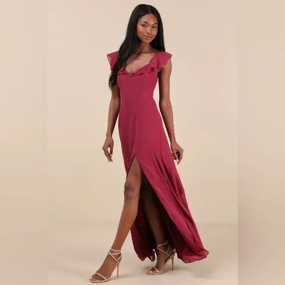 Lulus NEW Sweetest Entrance Dark Magenta Ruffled Tie-Back Maxi Dress Bridesmaid Chic - Image 5